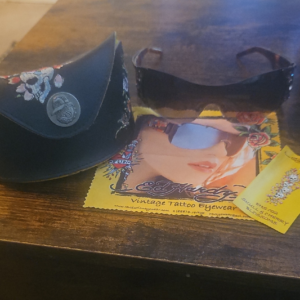 Ed Hardy Black Sunglasses with Embroidered Case